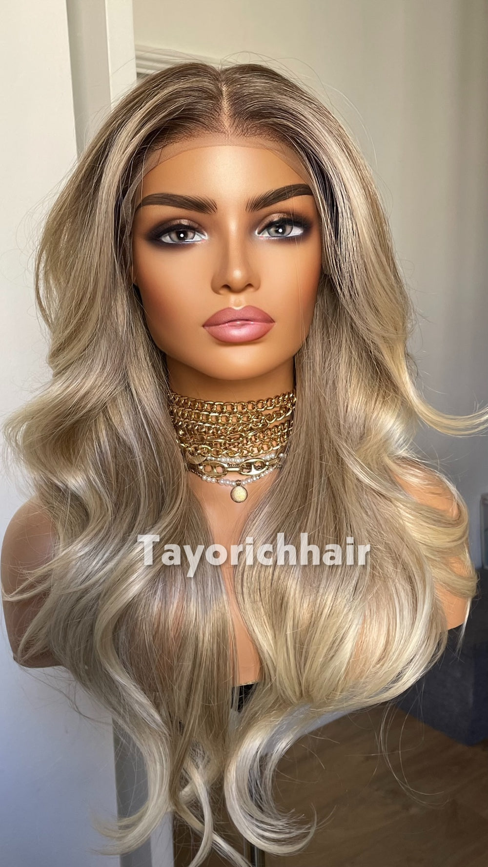 Medium Ash Blonde Wig with Soft Highlights | 22” Layered Wavy Lace Front Wig | Natural Looking Glueless Wig | Tayorichhair