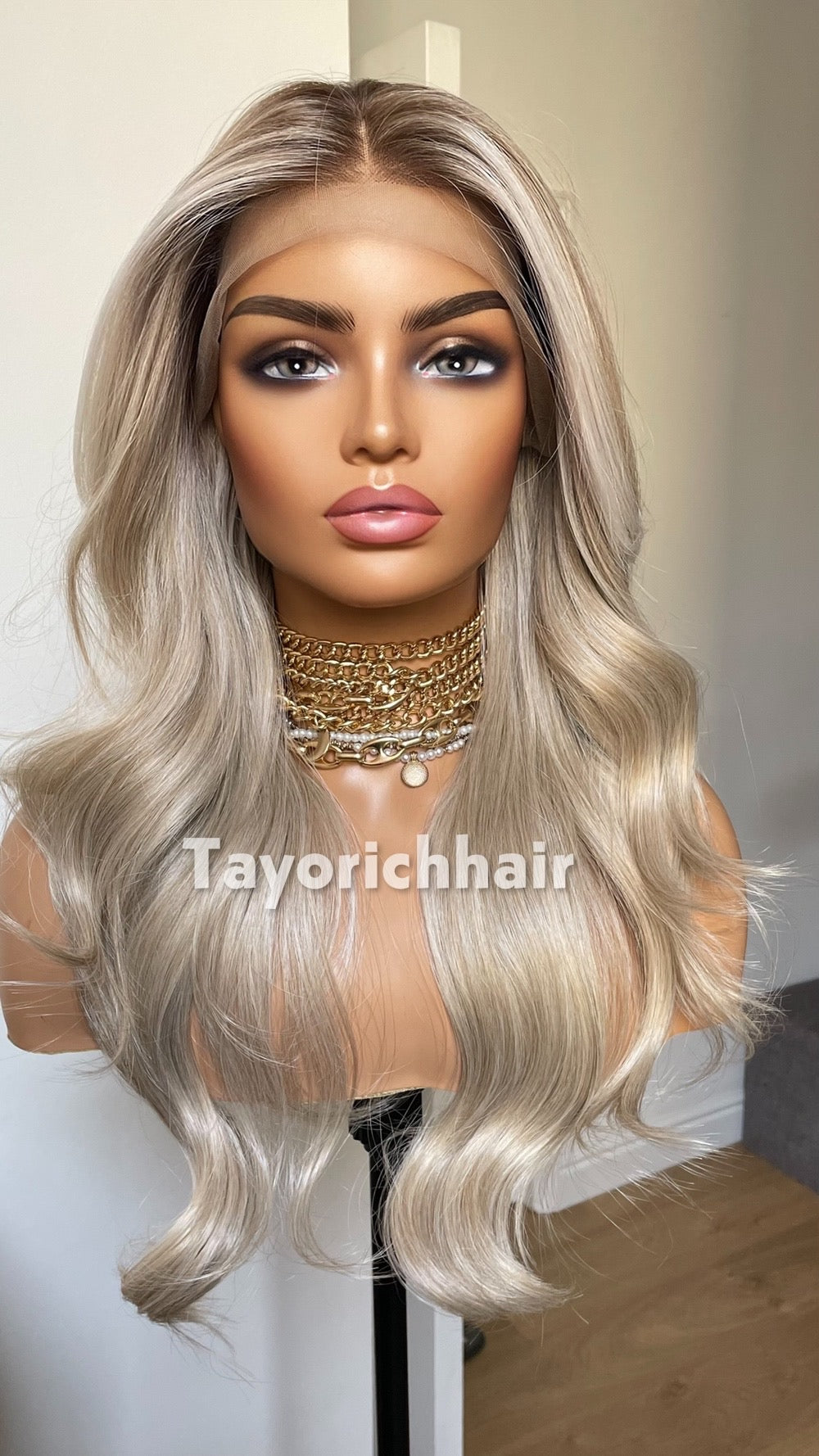 Ash Blonde Wig Lace Front Wig; Dark Roots, Highlights, Wavy Hair, Layered