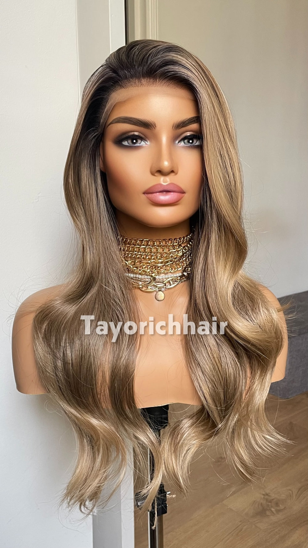 Dark Ash Brown Wig with Blonde Highlights & Black Roots | 20” Wavy