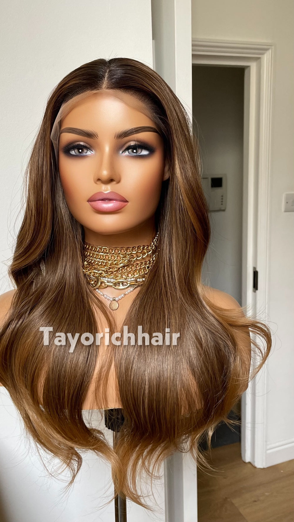 Mixed Caramel Brown Heat Safe Synthetic Lace Front Wig | 20” Wavy Wig | 13x4 Transparent Lace | Middle Part | Tayorichhair