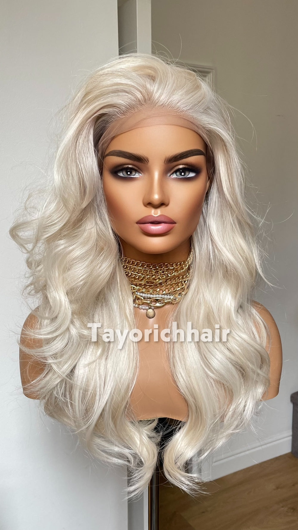 Tayorichhair Premium 16" Heat-Safe Synthetic Hair Wig – Platinum Blonde with Mild Lowlights, Pre-Plucked 13x6 Deep Lace Front (Free Parting)
