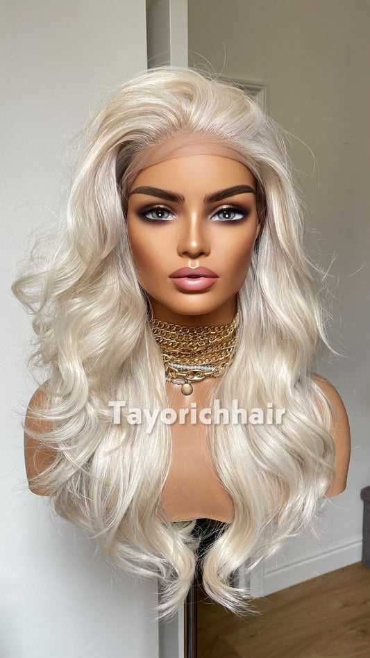 Tayorichhair Premium 16" Heat-Safe Synthetic Hair Wig – Platinum Blonde with Mild Lowlights, Pre-Plucked 13x6 Deep Lace Front (Free Parting)