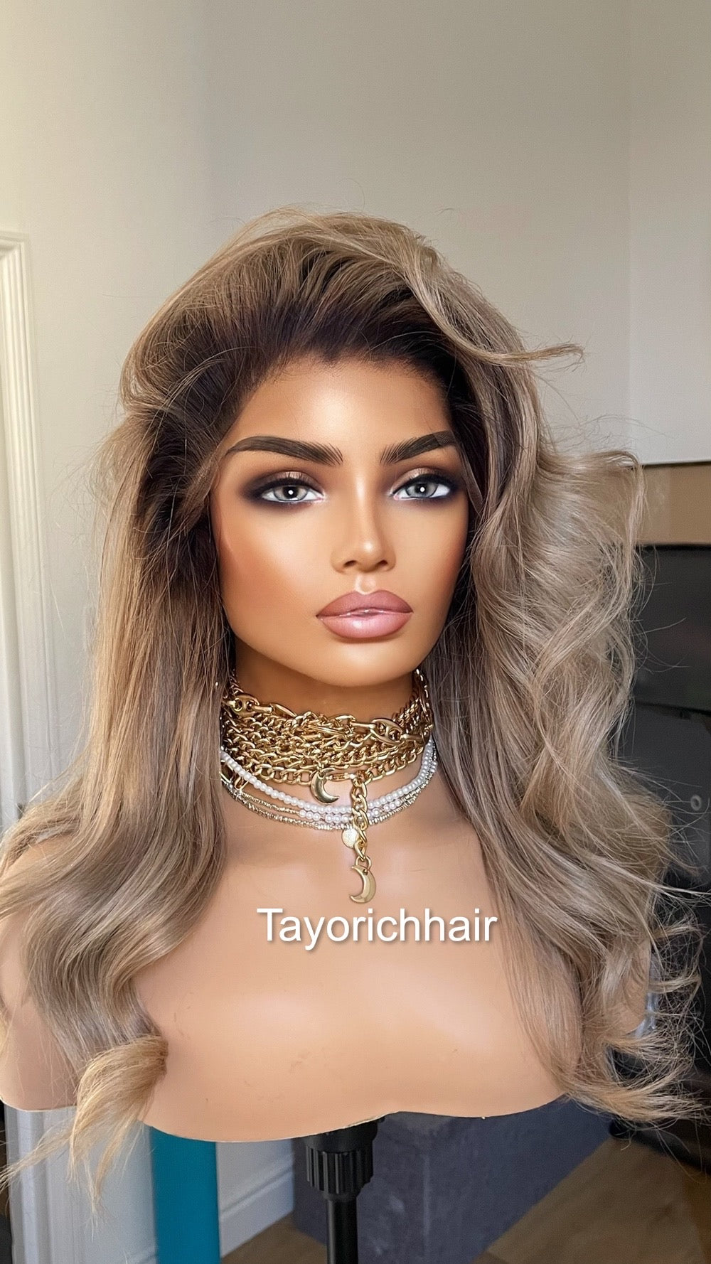 Dark Ash Blonde Short Real Hair With Dark Roots/ 13x4 HD Lace Front Wavy Real Hair Wig/ Small Cap/ Real Hair Wig/Daily Wear Wig For Women