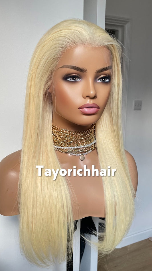 Bleach Blonde Straight Human Hair Wig In 18 Inches- 13 By 4 HD Lace With Free Part- 150% Low Density Wig-Small Cap Size Lace Wig For Women