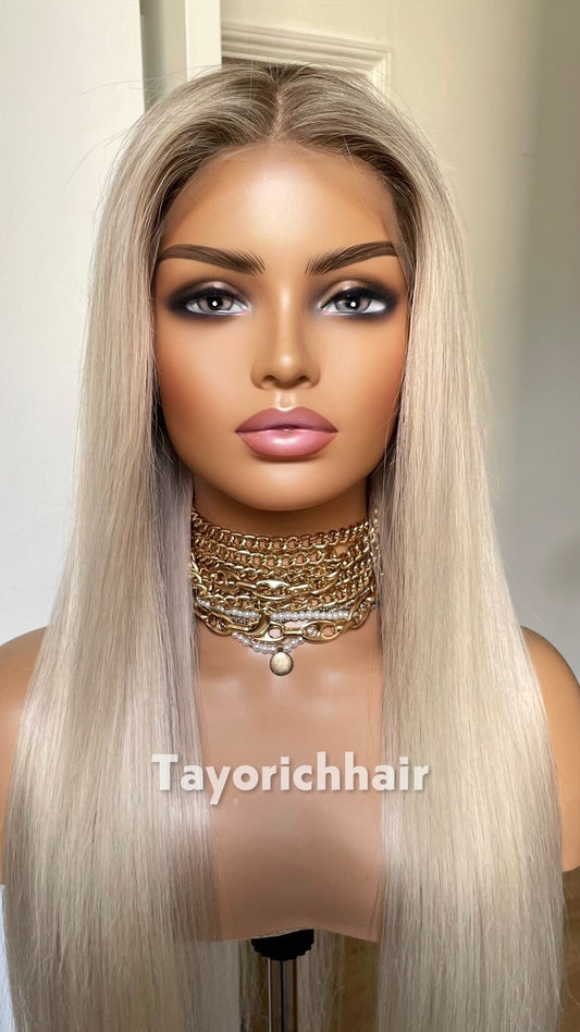 TayoRichHair 13x4 HD Lace Front Ash Platinum Blonde Straight Wig – 100% Human Hair (24 Inch, 200% Density, Dark Roots, Average Cap)