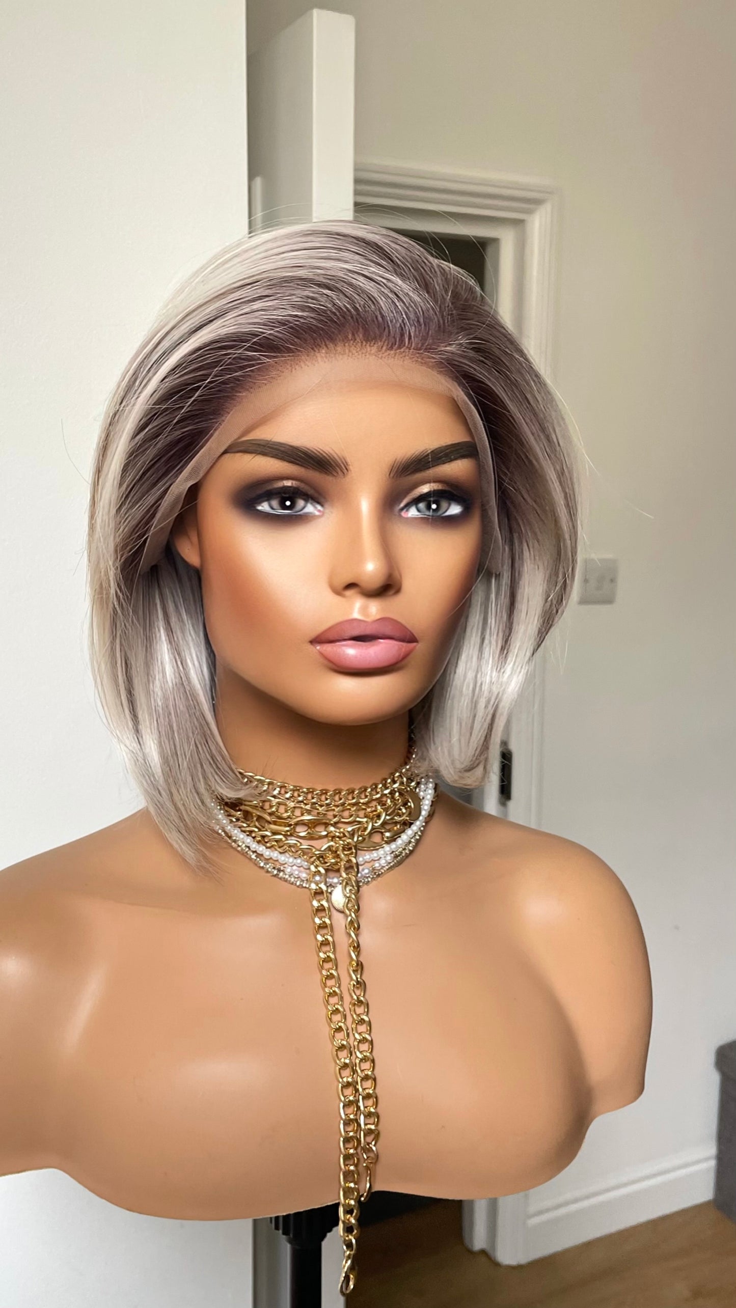 Salt and Pepper Short Bob Wig: Synthetic Lace Frontal, Brown Roots