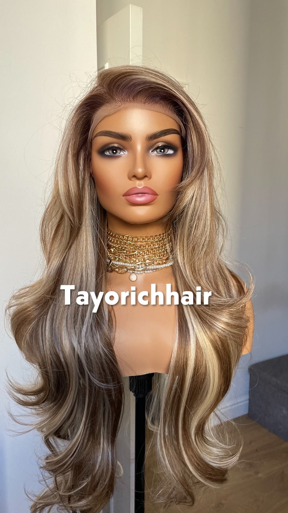 Mixed Blonde And Brown Lace Front Wig; Layered 24 Inch, Pre Plucked Hairline
