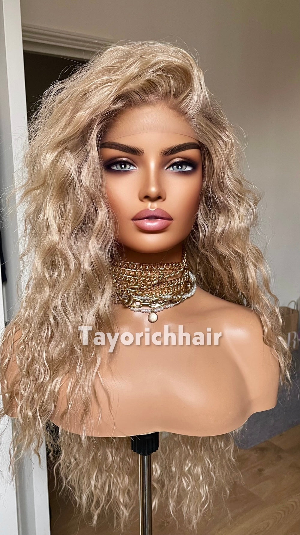Medium Blonde Curly Wig | 10” Front 20” Back | Heat Safe Synthetic Lace Front Wig | 13x3 Transparent Lace | Small Cap | Tayorichhair