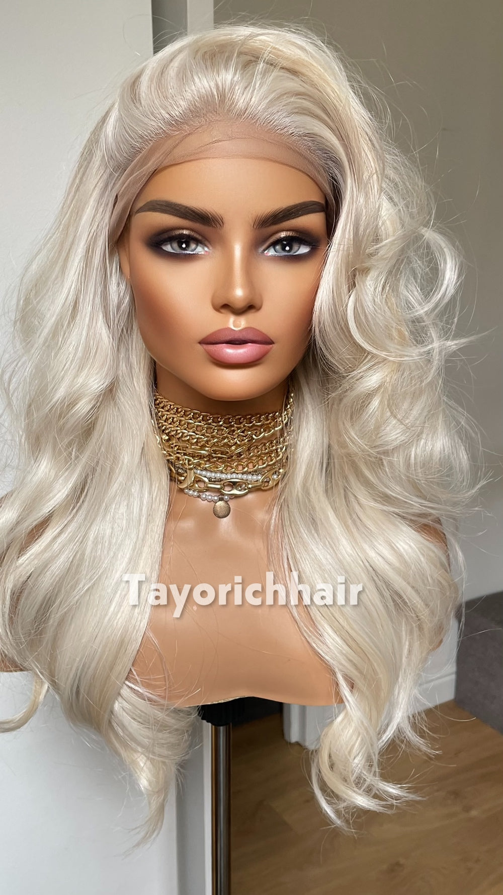 Tayorichhair Premium 16" Heat-Safe Synthetic Hair Wig – Platinum Blonde with Mild Lowlights, Pre-Plucked 13x6 Deep Lace Front (Free Parting)