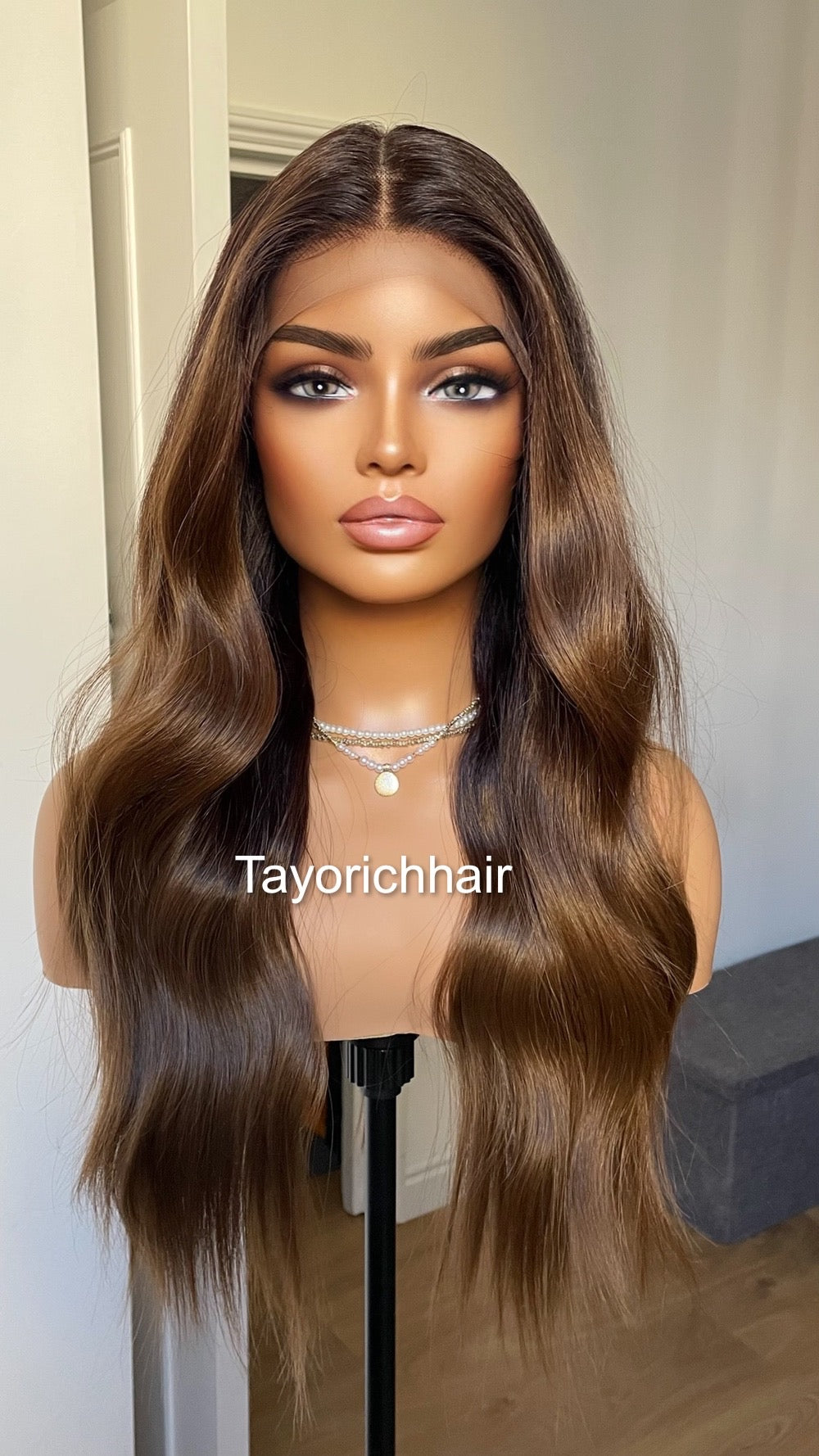 Brown And Black Synthetic Lace Front Wig With Black Roots/Middle Part Brown Wig With 13 By 6 Lace Frontal/Wigs For Brunettes By Tayorichhair