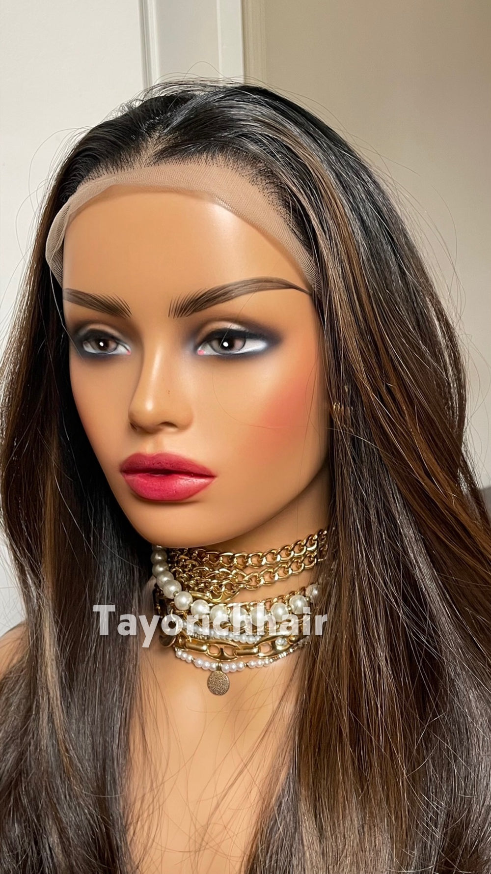 Dark Brown Highlighted Synthetic Lace Front Wig – 24 Inch, Glueless, Heat Safe