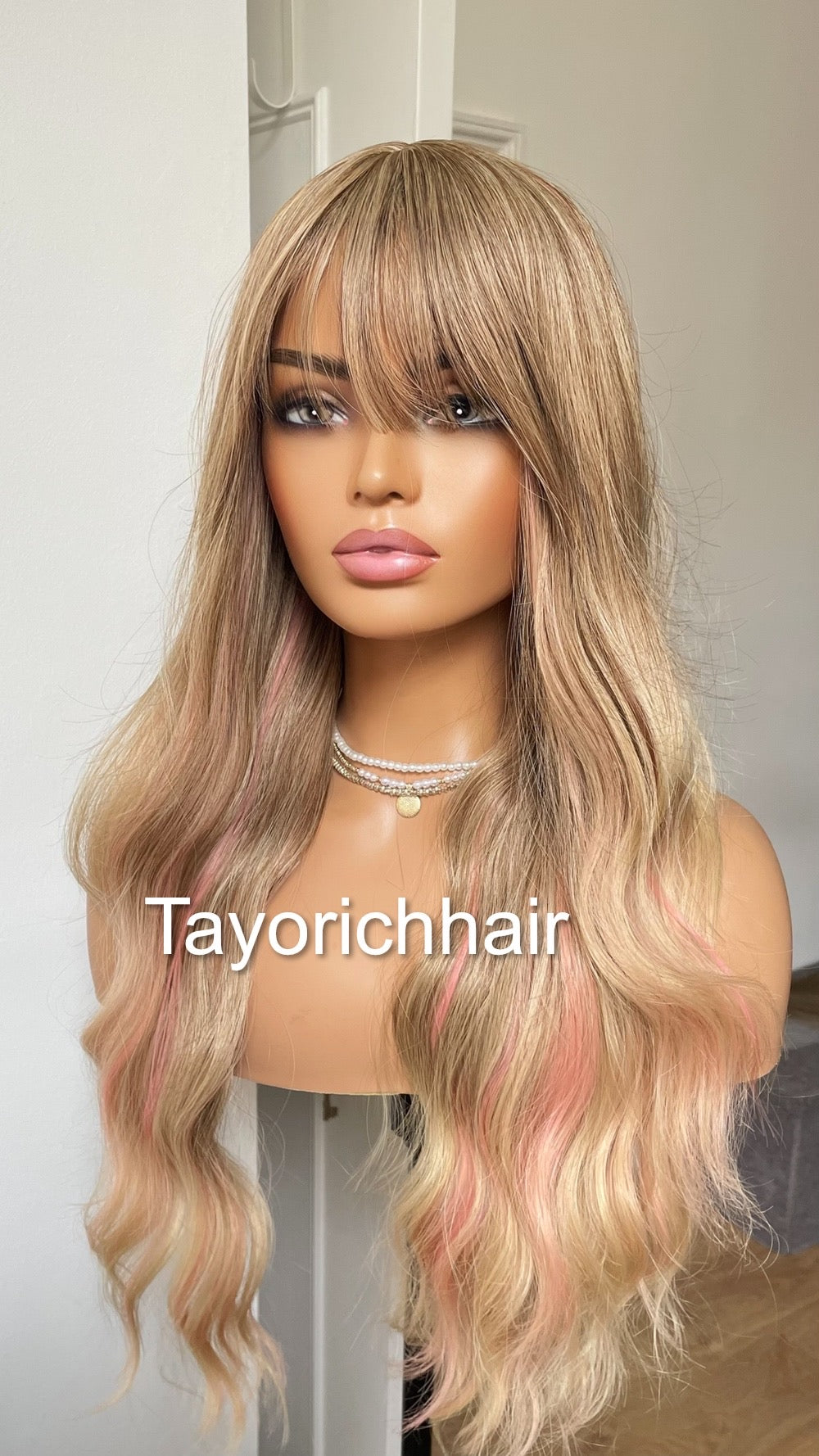 Ash blonde No Lace Wig With Bangs And Pink Streaks