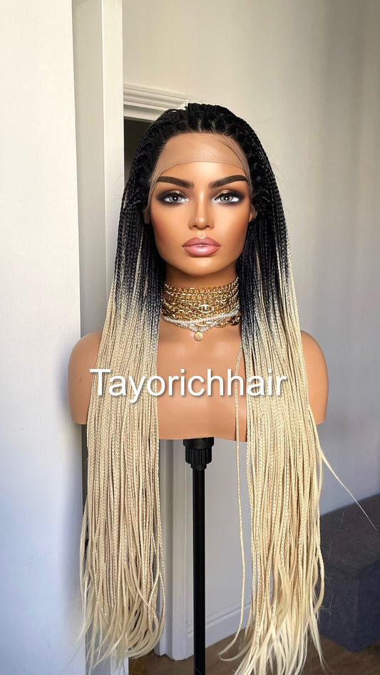 Ombré Braided Lace Wig Blonde And Black Braids/ Extra Long Synthetic Braids 28 Inches/READY FOR SHIPPING