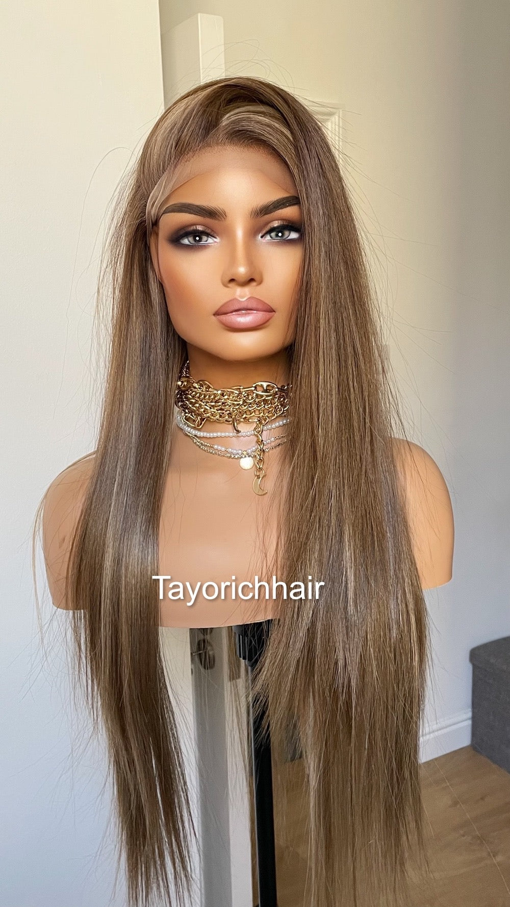 Dark Ash Brown Synthetic Lace Frontal Wig/13 by 6 Lace Frontal/Long Straight Lace Wig/Dark Ash Brown Wig With Mild Highlights/Tayorichhair