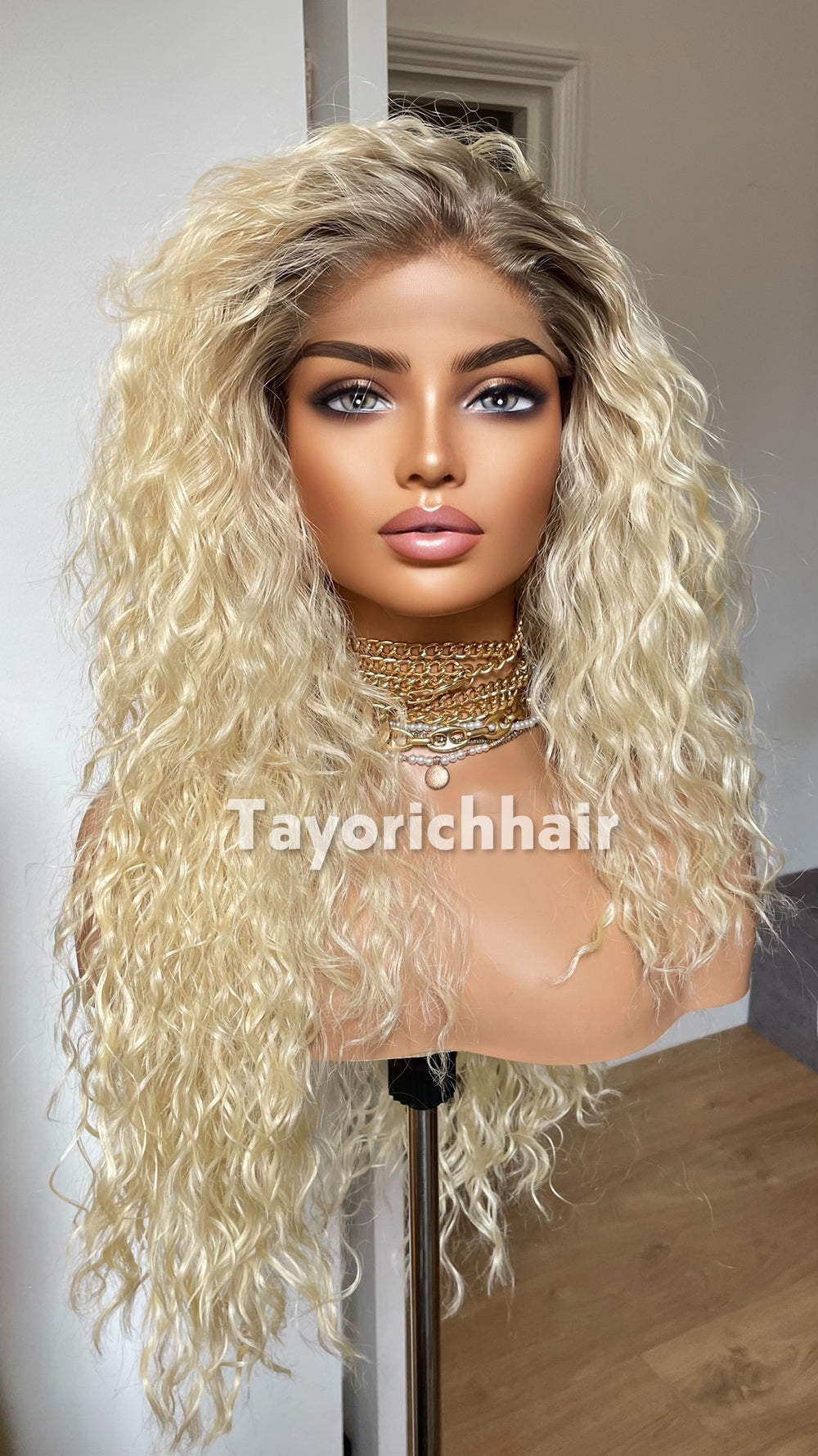 Bleach Blonde Curly Wig with Dark Roots | 20” Lightweight