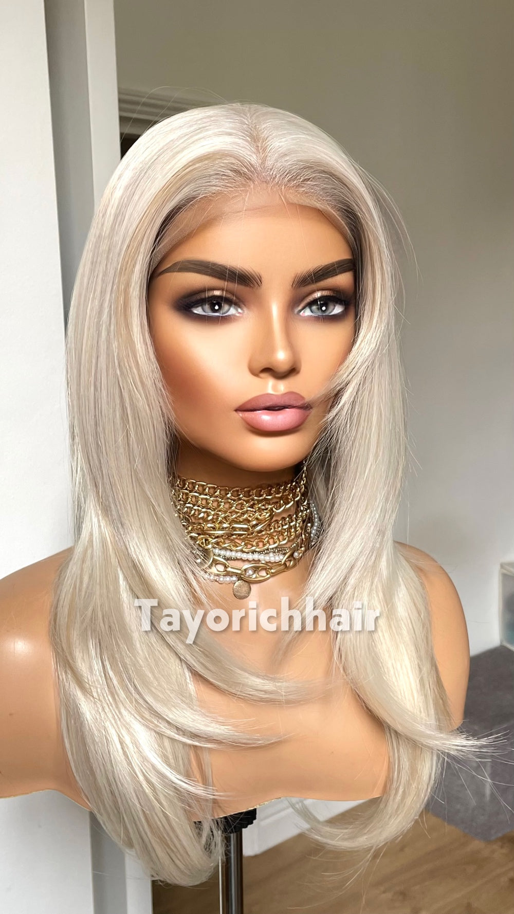Tayorichhair Premium 16" Heat-Safe Synthetic Hair Wig – Platinum Blonde with Mild Lowlights, Pre-Plucked 13x6 Deep Lace Front (Free Parting)
