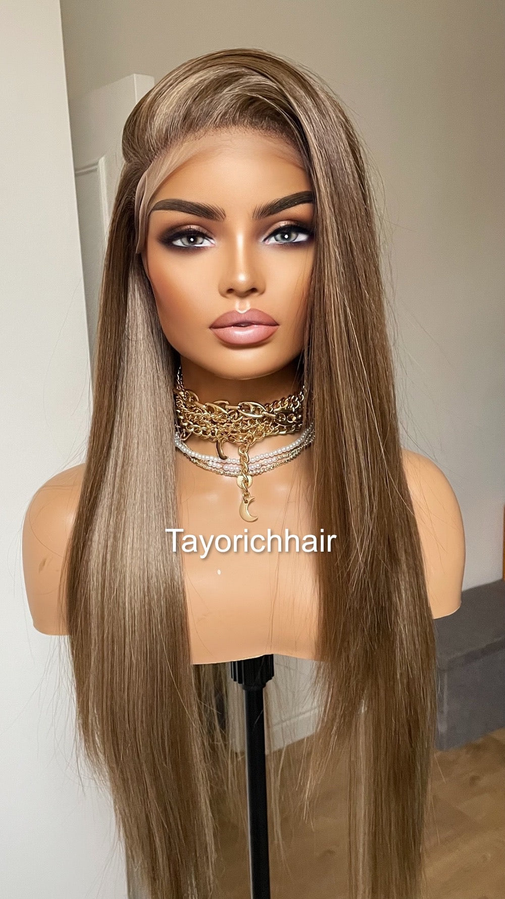 Dark Ash Brown Synthetic Lace Frontal Wig/13 by 6 Lace Frontal/Long Straight Lace Wig/Dark Ash Brown Wig With Mild Highlights/Tayorichhair