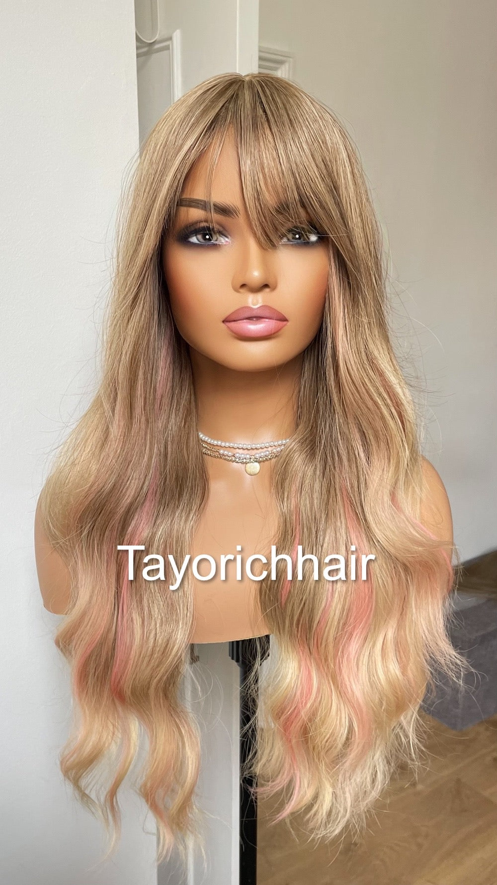 Ash blonde No Lace Wig With Bangs And Pink Streaks