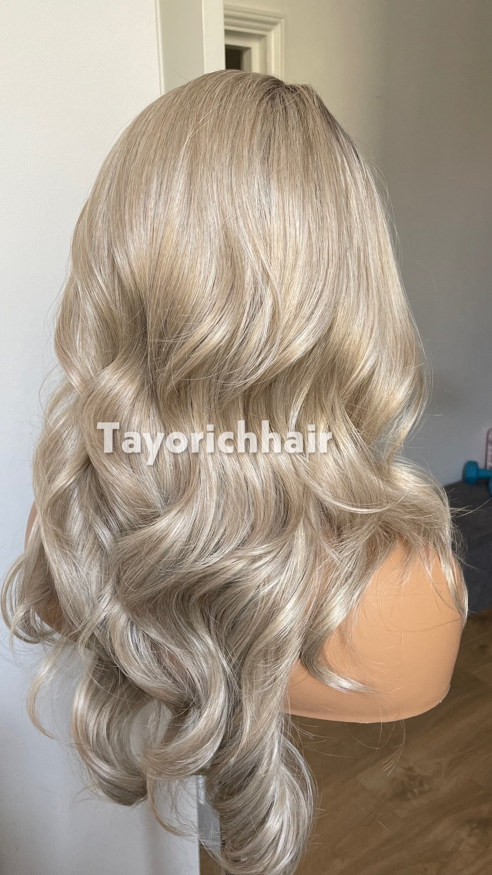 Ash Blonde Wig Lace Front Wig; Dark Roots, Highlights, Wavy Hair, Layered