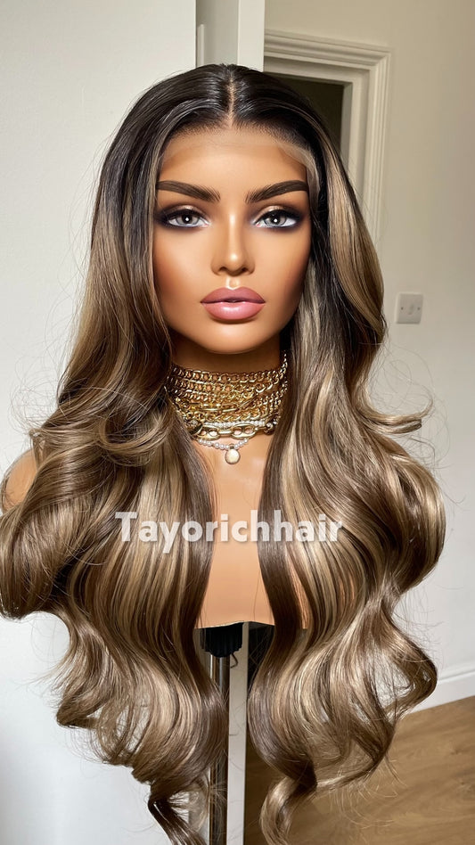 Tayorichhair 24" Wavy Balayage Synthetic Wig – Dark Brown & Blonde Mix with Black Roots (13x4 Lace)