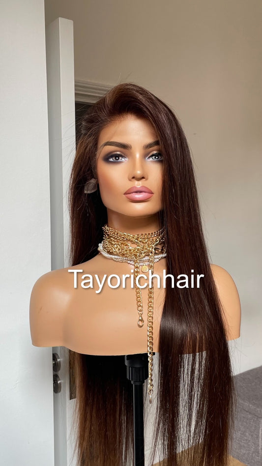 Low Density Brown Human Hair Lace Frontal Wig/13 By 4 HD Lace Frontal Dark Brown 24 Inches Straight Hair/Human Hair Wigs By Tayorichhair