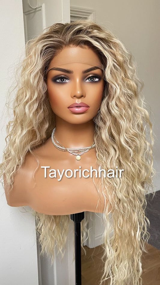 Mixed Blonde Curly Synthetic Lace Frontal Wig With Dark Roots/Lightweight Wig/Small Cap Size Long Curly Hair Wigs For Women By Tayorichhair