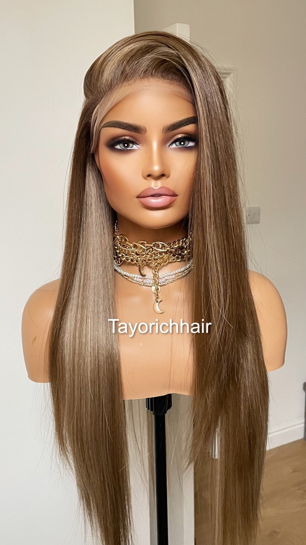 Dark Ash Brown Synthetic Lace Frontal Wig/13 by 6 Lace Frontal/Long Straight Lace Wig/Dark Ash Brown Wig With Mild Highlights/Tayorichhair