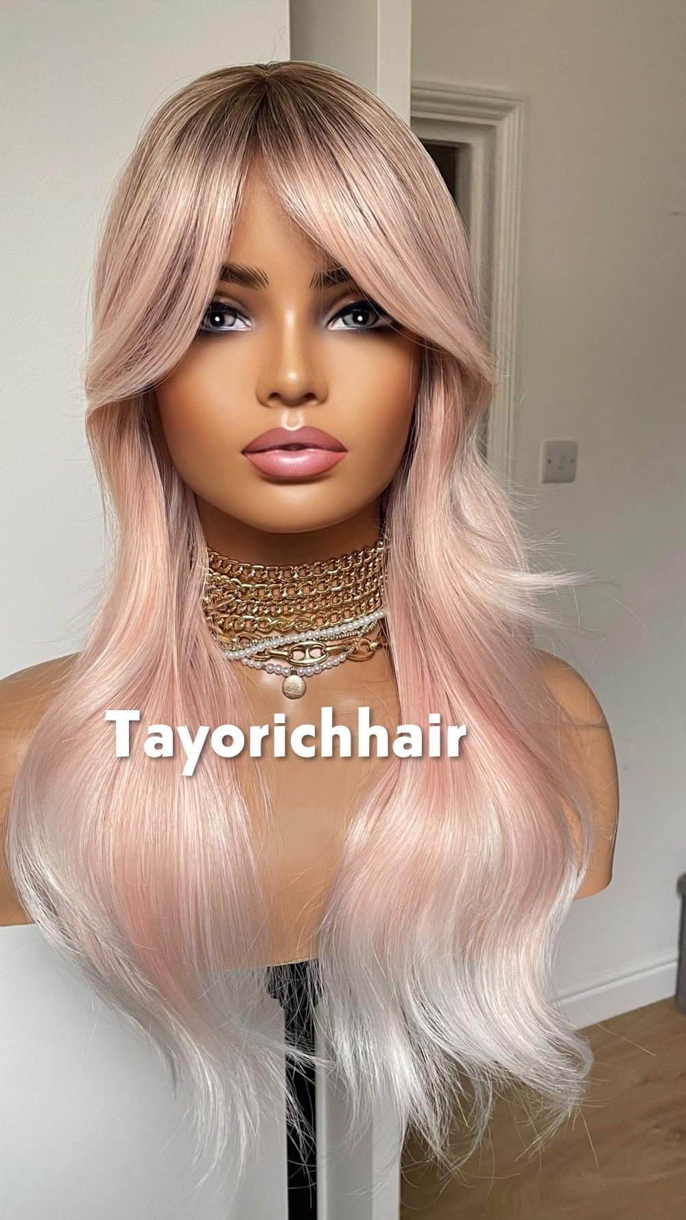 Baby Pink Wig with Dark Roots & Blonde Highlights | 18” Layered Wavy Heat-Safe Synthetic Wig | Bangs | Glueless | Tayorichhair