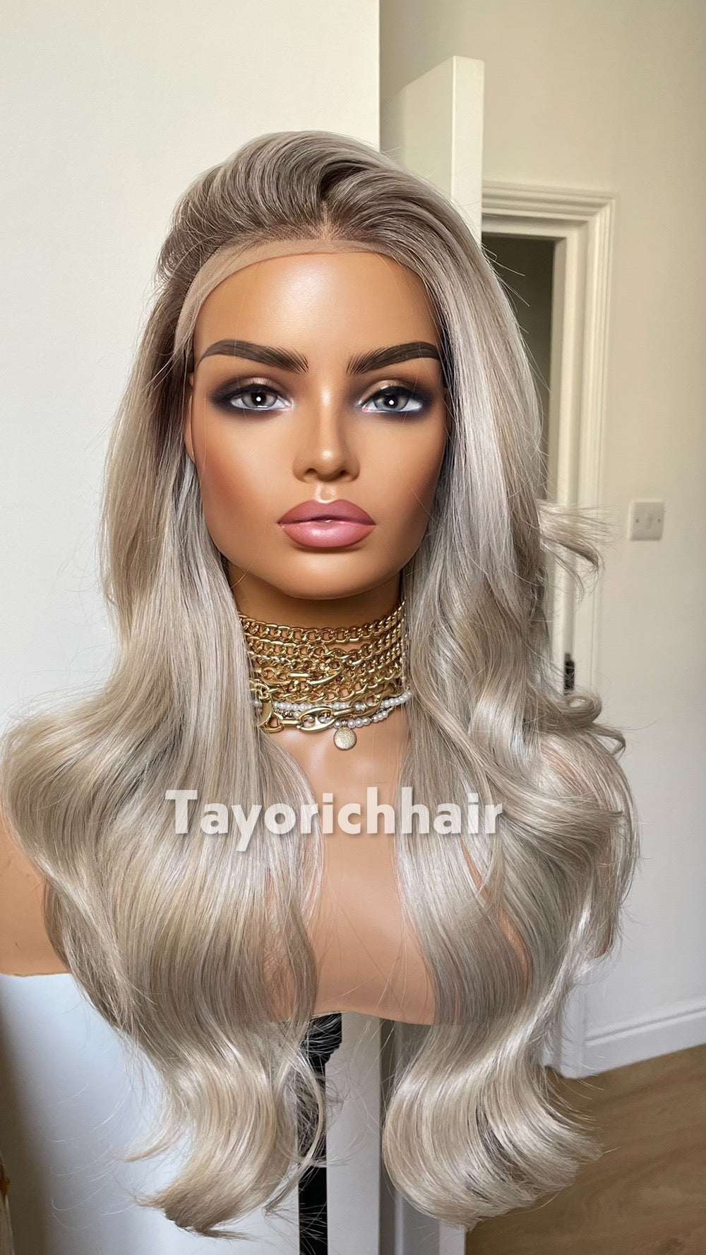 Ash Blonde Wig Lace Front Wig; Dark Roots, Highlights, Wavy Hair, Layered
