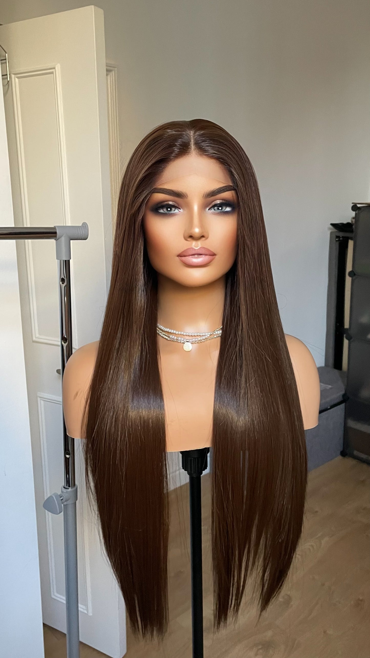 Dark Brunette Brown Lace Front Straight Wig For Women Natural Looking 13x3 Lace Front Wig With Realistic Hair Line Heat Friendly Synthetic