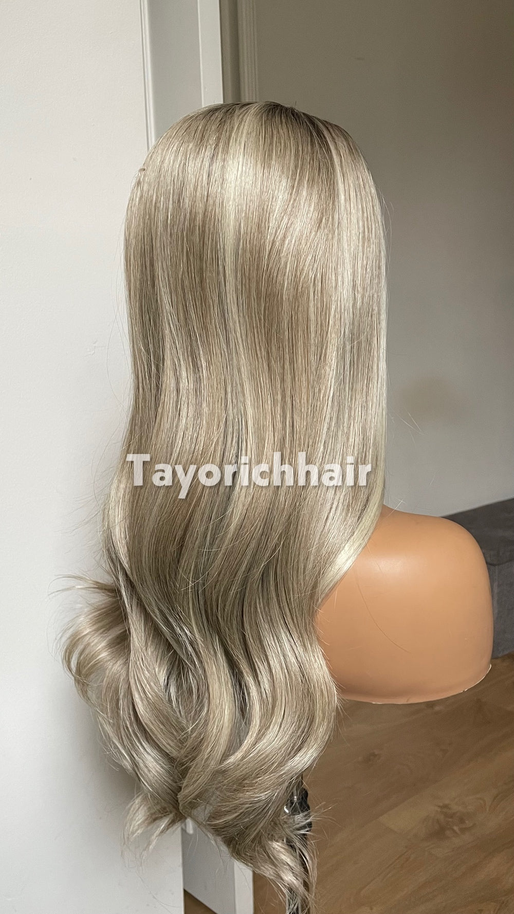 Dark Ash Blonde Synthetic Lace Front Wig with Black Roots & Money Piece Highlights – 18/20 Inch