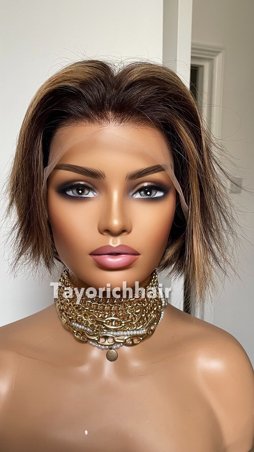 Short Brown Bob Human Hair Wig with Blonde Highlights | Straight 6 Inch Lace Front Wig | Natural Looking Bob Wig