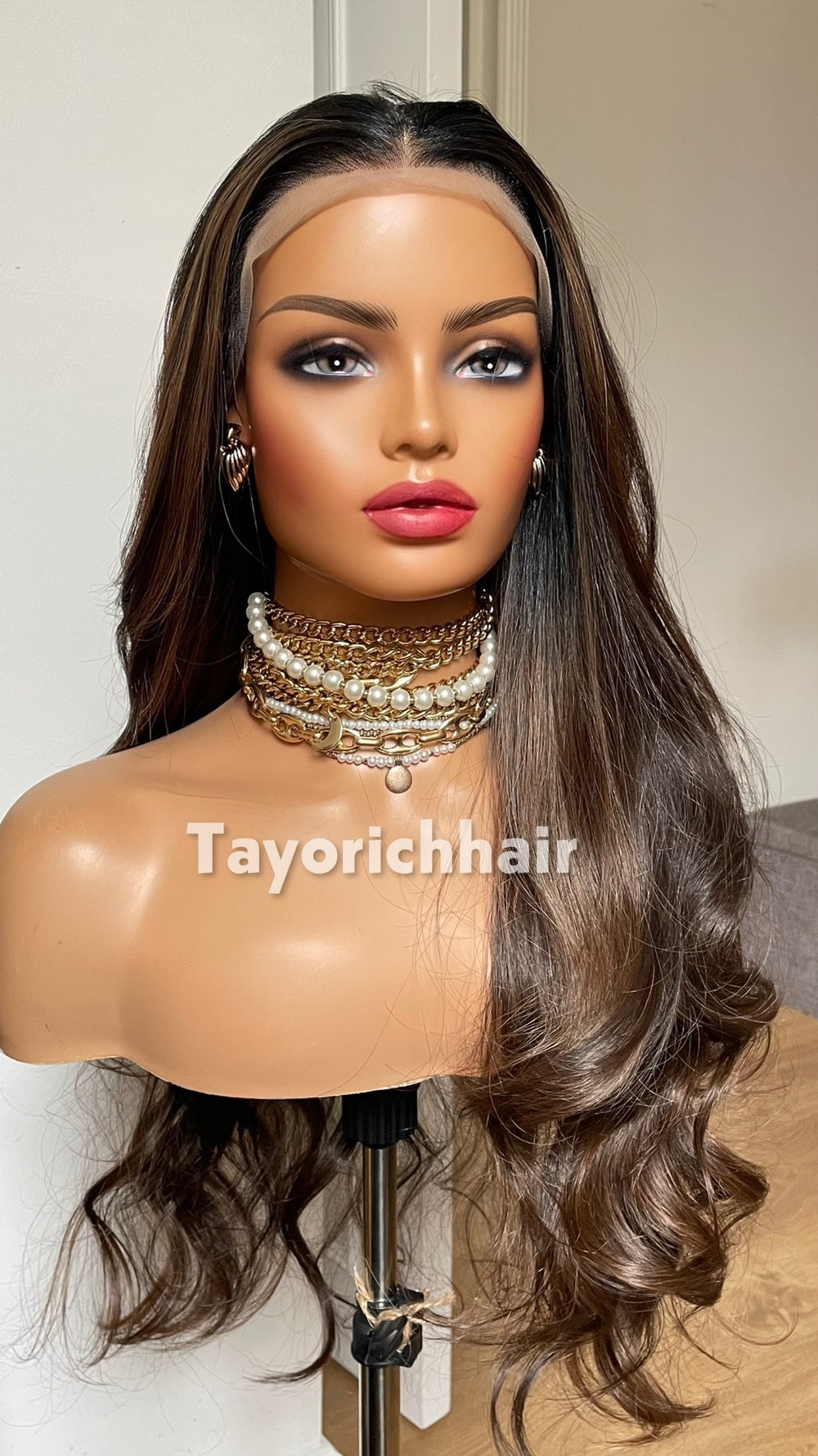 Dark Brown Highlighted Synthetic Lace Front Wig – 24 Inch, Glueless, Heat Safe