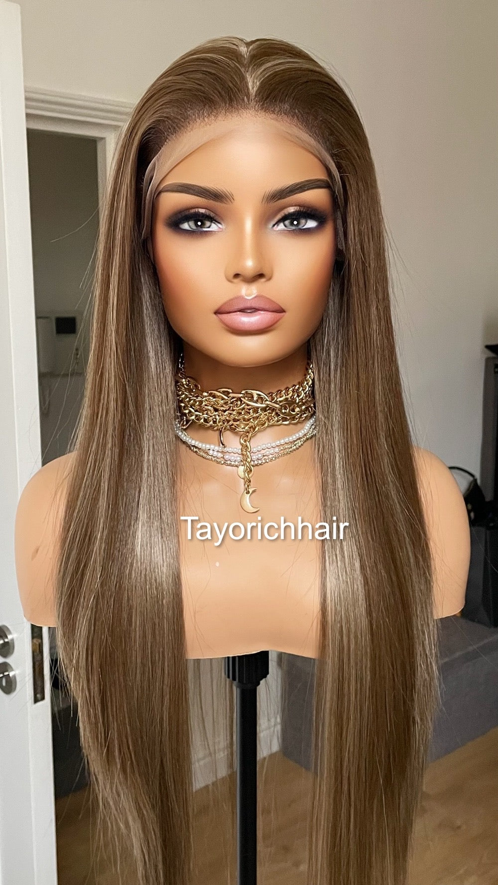 Dark Ash Brown Synthetic Lace Frontal Wig/13 by 6 Lace Frontal/Long Straight Lace Wig/Dark Ash Brown Wig With Mild Highlights/Tayorichhair