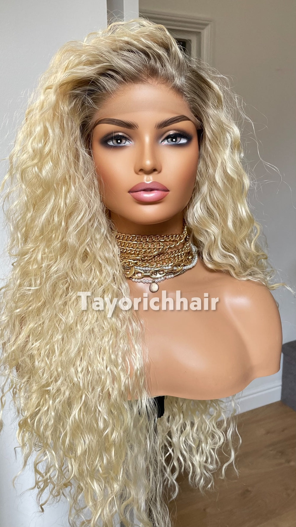 Bleach Blonde Curly Wig with Dark Roots | 20” Lightweight