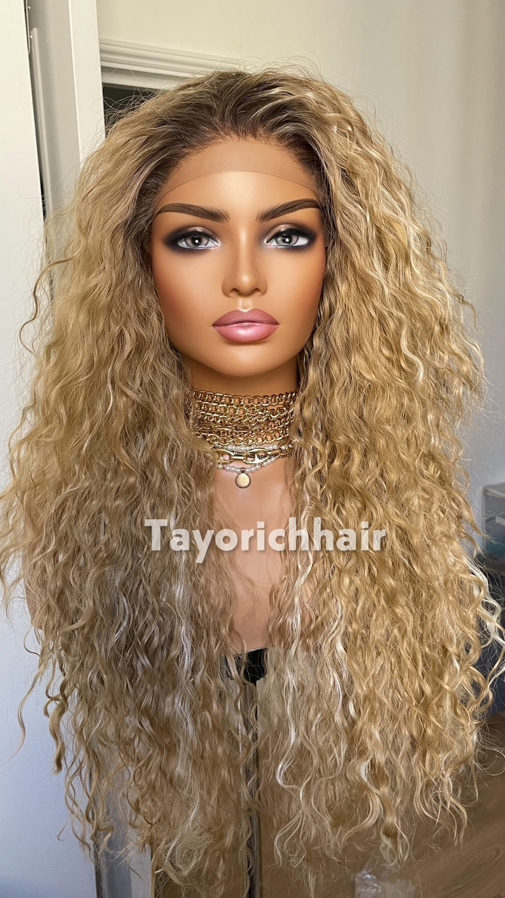 Strawberry Blonde Beach Curly Wig | 22” Layered Heat Safe Synthetic Wig | Blonde Streaks & Dark Roots | 13x3 Transparent Lace | Tayorichhair