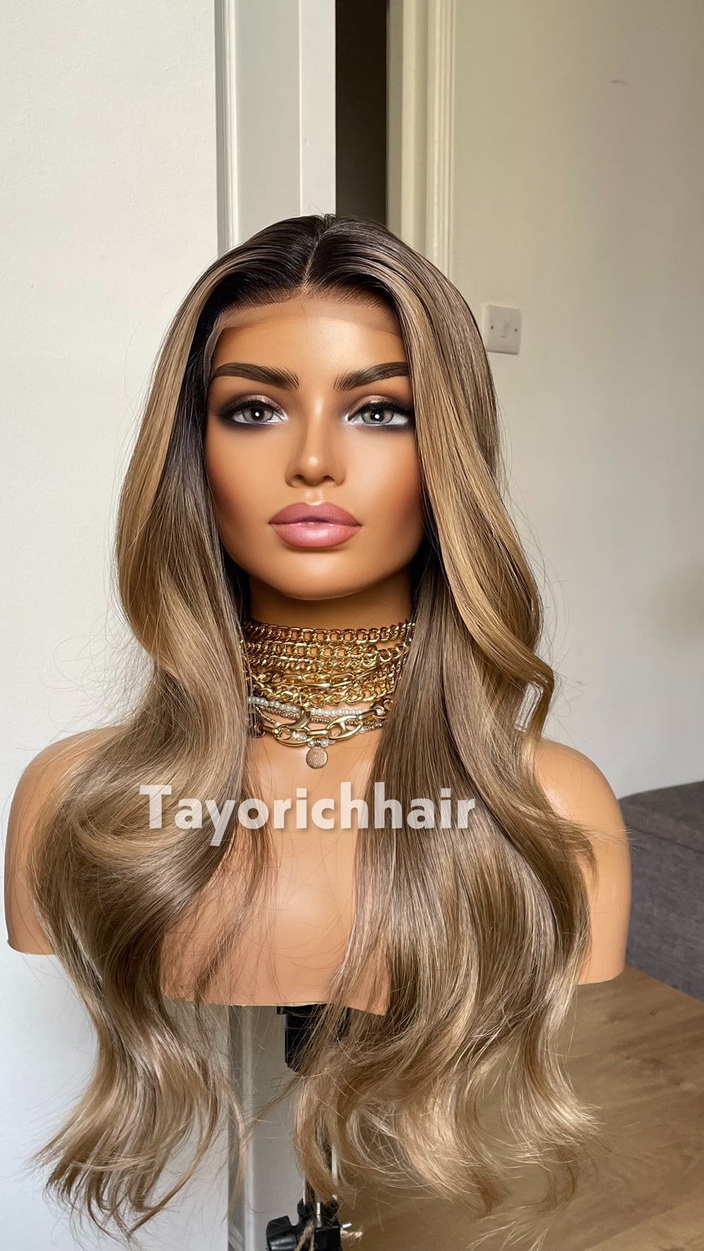 Dark Ash Brown Wig with Blonde Highlights & Black Roots | 20” Wavy