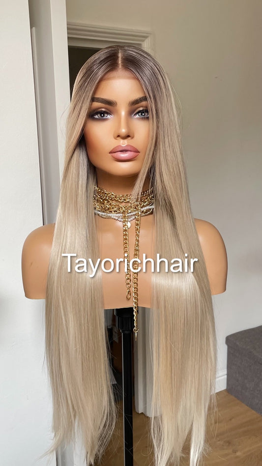 Rooted Pearl Blonde Heat Friendly Synthetic Lace Frontal Wig With 13 By 6 Wide Lace/ Straight Blonde Hair Wig Fror Women/Tayorichhair Wigs