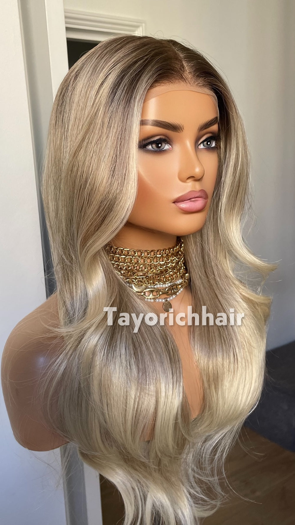 Medium Ash Blonde Wig with Soft Highlights | 22” Layered Wavy Lace Front Wig | Natural Looking Glueless Wig | Tayorichhair
