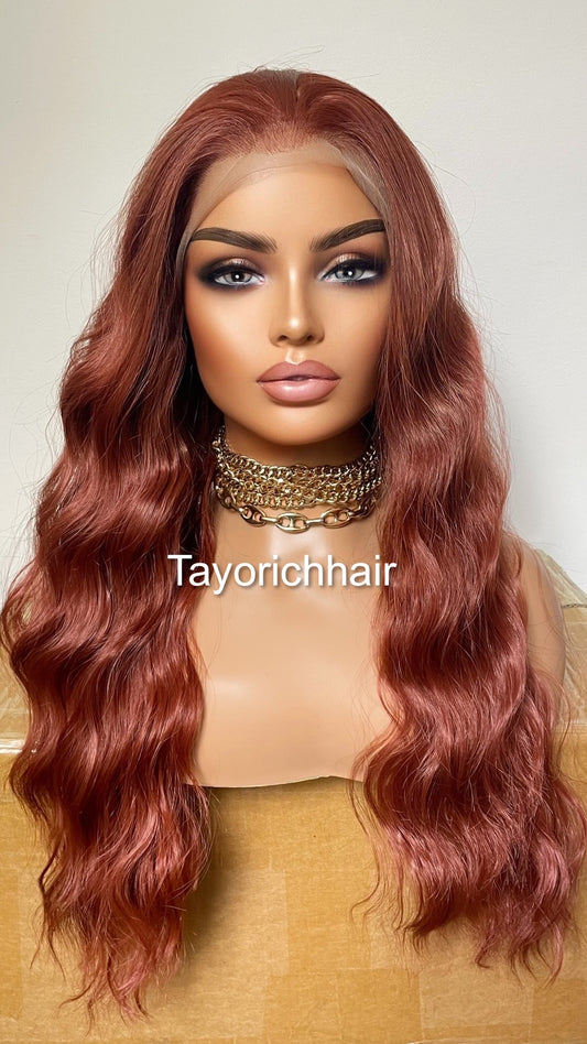 Copper Red Synthetic Lace Wig/ 13x4 Wide Swiss Lace/  22 Inches Free Part Wig Wavy Dark Red Hair Synthetic Wig For Women Dark Auburn Wig