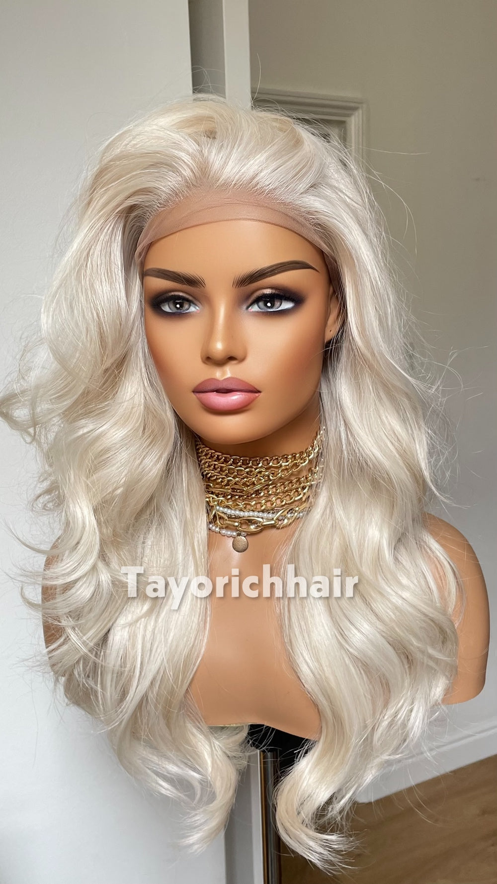 Tayorichhair Premium 16" Heat-Safe Synthetic Hair Wig – Platinum Blonde with Mild Lowlights, Pre-Plucked 13x6 Deep Lace Front (Free Parting)