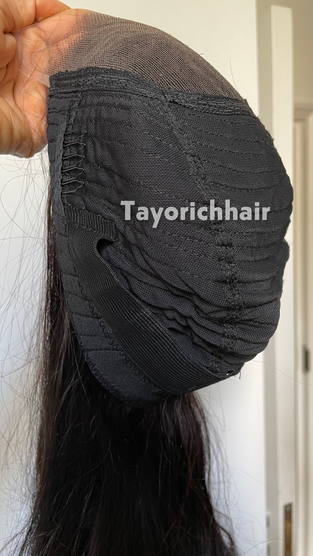TayoRichHair 4x4 HD Lace Wavy Wig with Bangs – 100% Soft Human Hair (24 Inch, 150% Density, Color 1B, Small/Extra-Small Cap, Snug Glueless Fit)