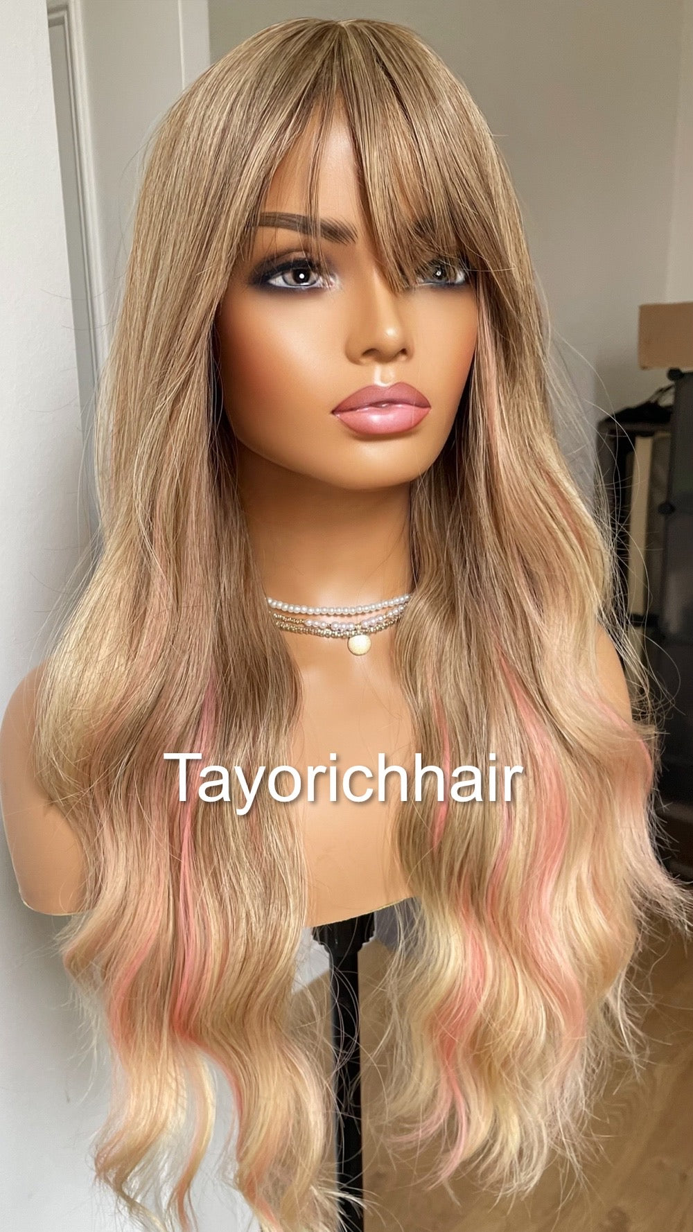 Ash blonde No Lace Wig With Bangs And Pink Streaks