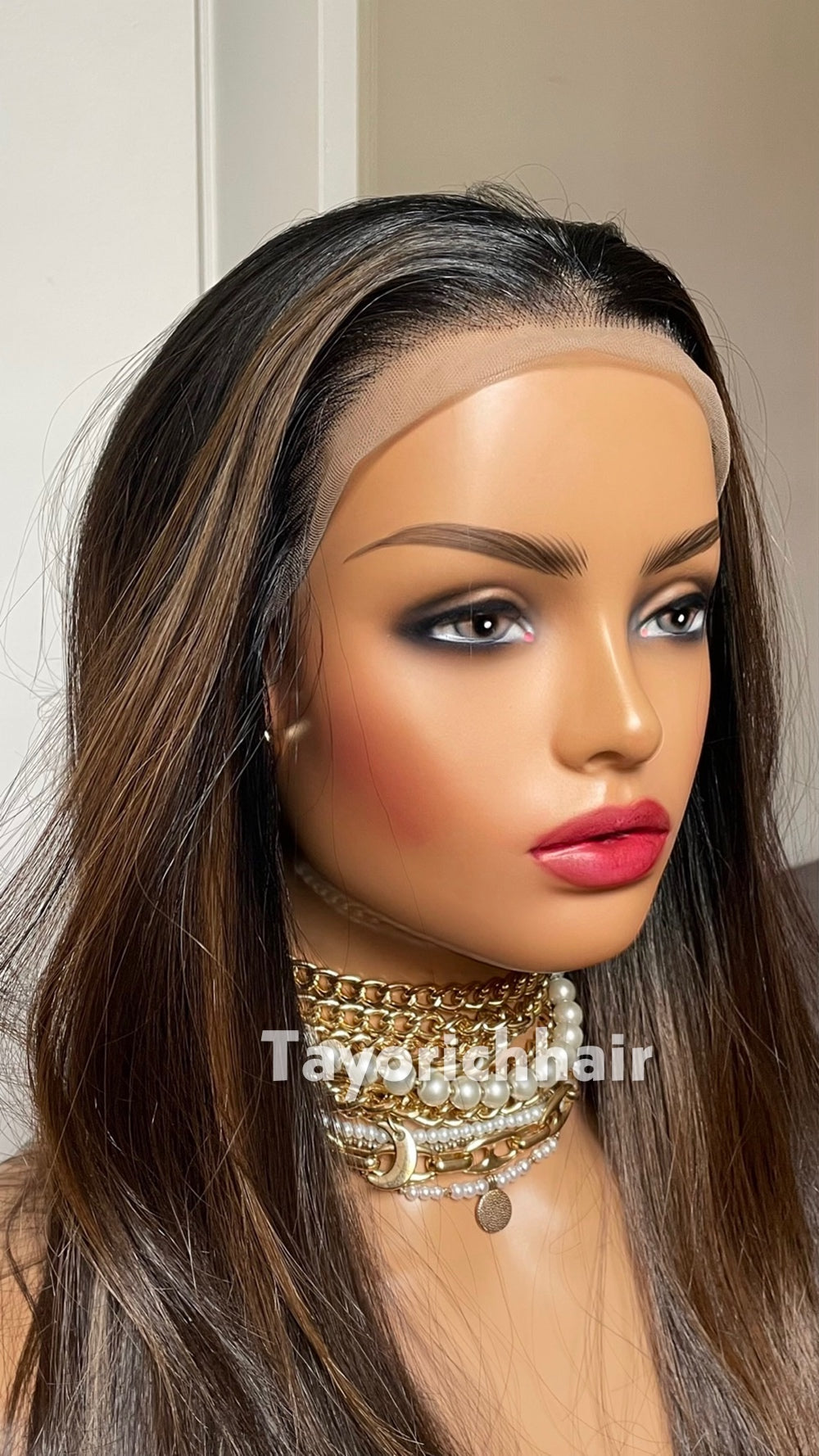 Dark Brown Highlighted Synthetic Lace Front Wig – 24 Inch, Glueless, Heat Safe