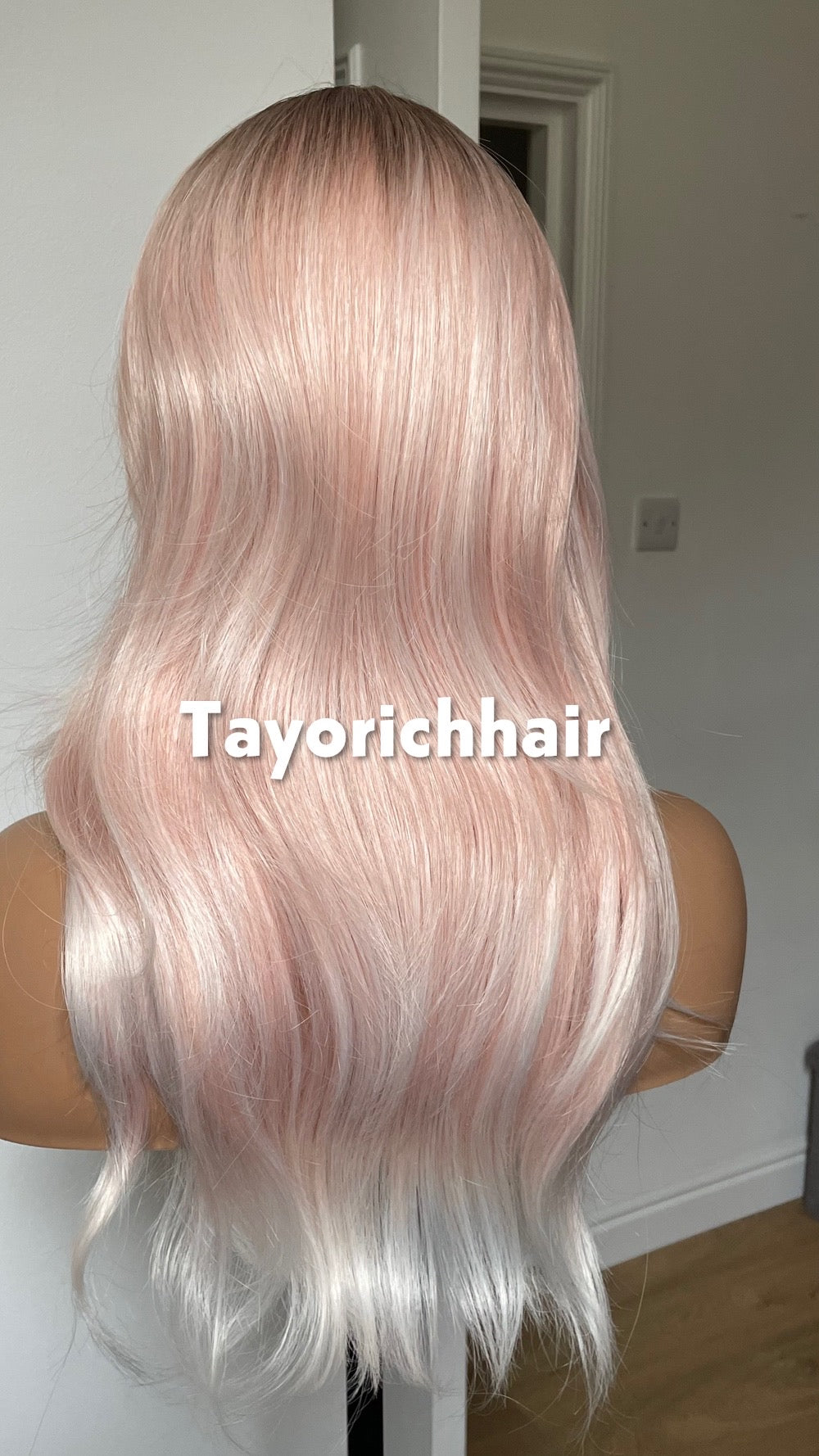 Baby Pink Wig with Dark Roots & Blonde Highlights | 18” Layered Wavy Heat-Safe Synthetic Wig | Bangs | Glueless | Tayorichhair