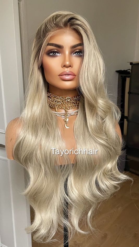 Platinum Blonde Lace Frontal Wig With Dark Ash Roots/Rooted Blonde Heat Friendly Synthetic Wig/ Blonde Bouncy Wavy Wig By Tayorichhair