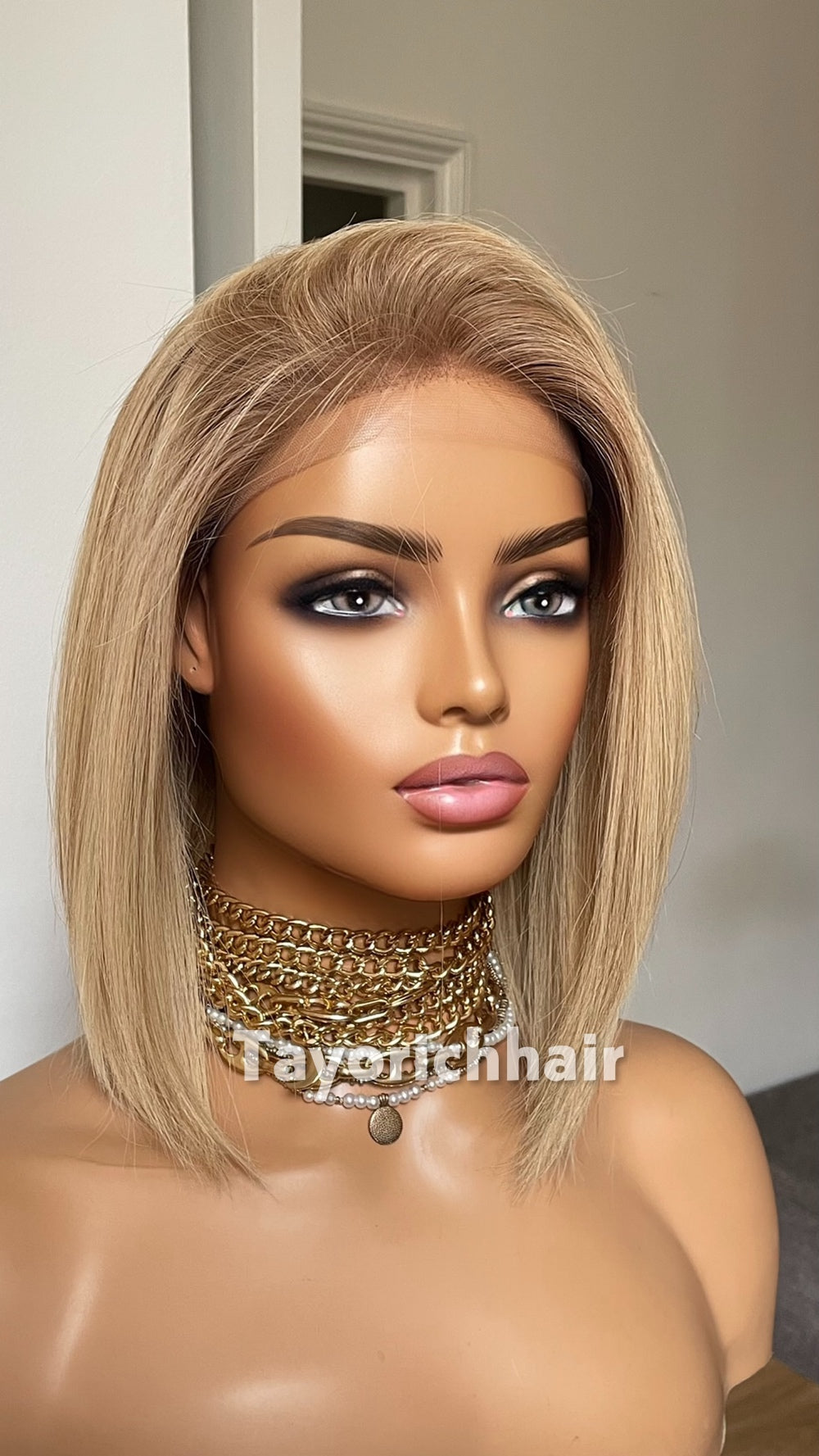 Glueless 12 Inch Blonde Bob Human Hair Wig - 150% Density, Silk Top European Virgin Hair
