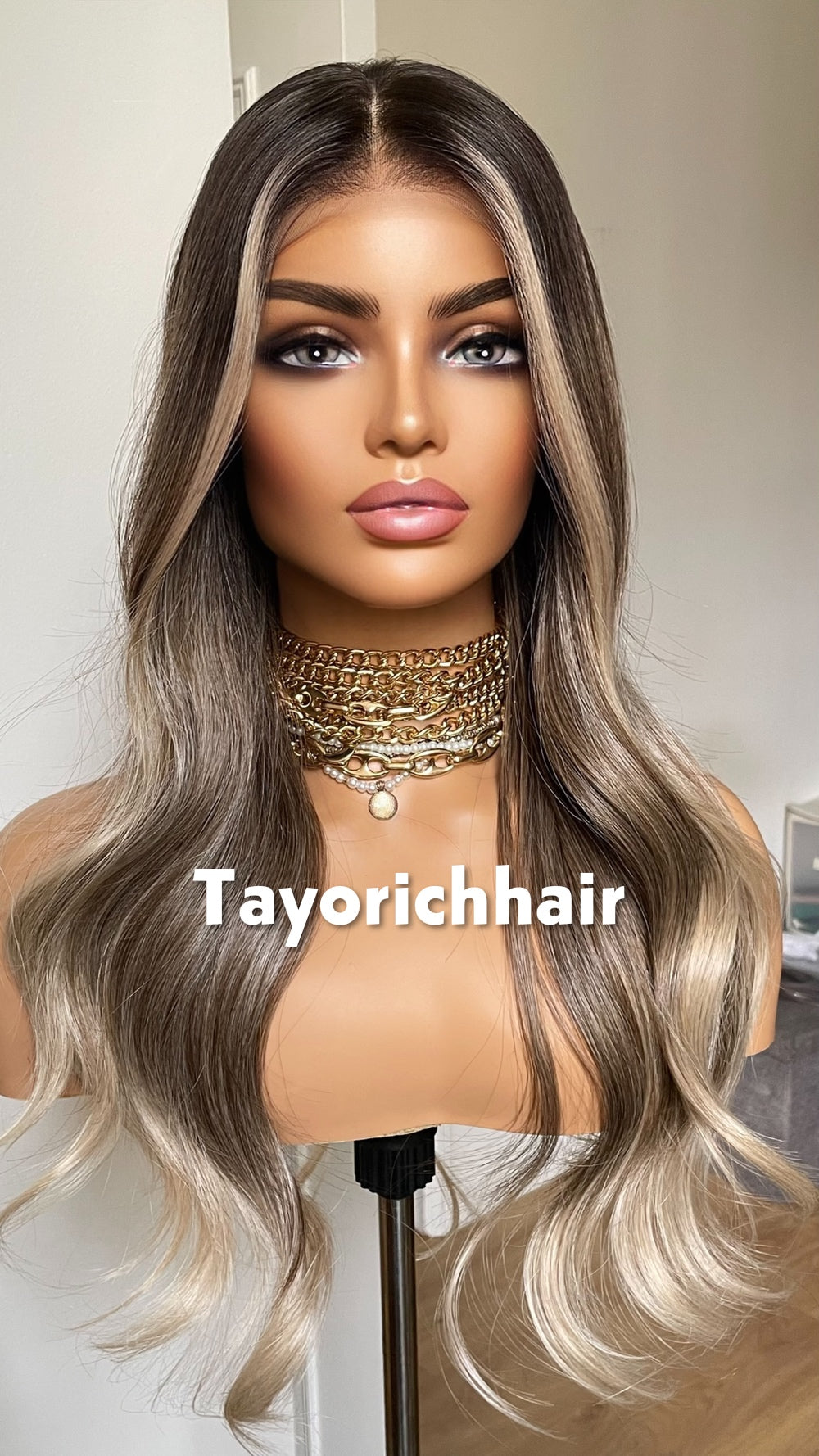 Tayorichhair 20" Dark Ash Blonde Wavy Synthetic Wig – 13x4 Transparent Lace, Glueless Money Piece Highlights (150% Density)