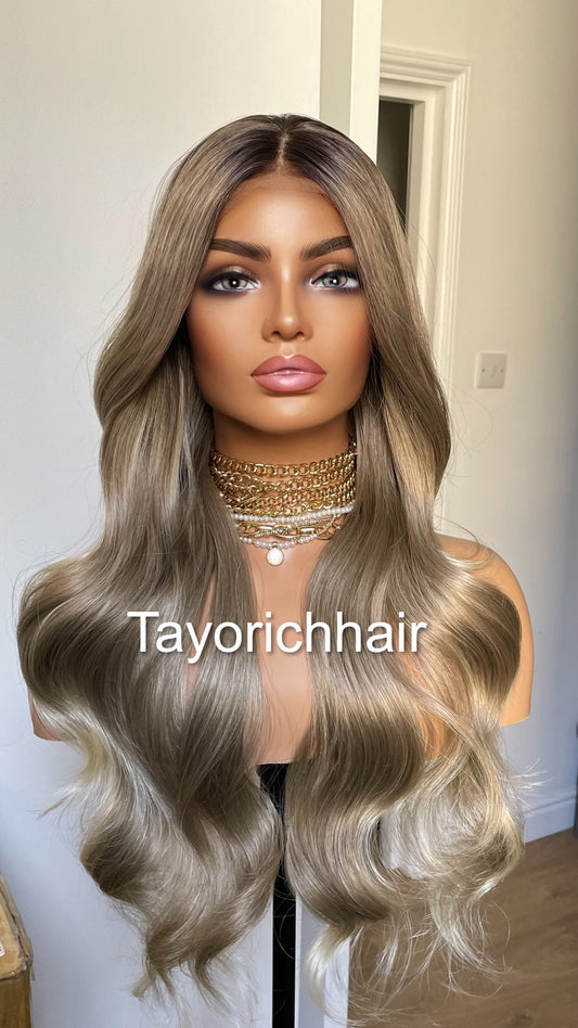 Dark Ash Blonde Synthetic Wig With Dark Roots/24 Inches Wavy Hair Lace Frontal Wig By Tayorichhair.