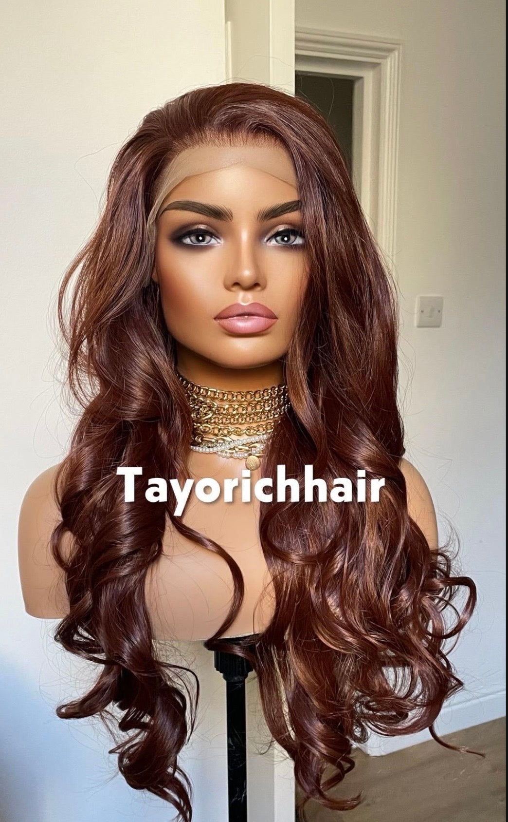 Reddish Brown Heat Safe Synthetic Lace Front Wig | 24” Bouncy Waves | 13x6 Transparent Lace | Glueless | Tayorichhair